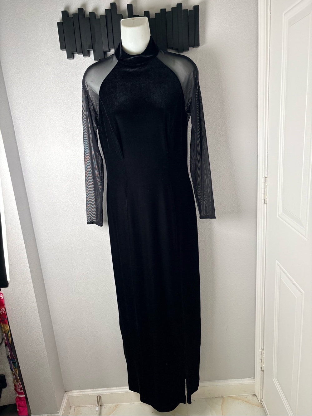 Vintage 90’s Tadashi Shoji Black Velvet Maxi Dress with Sheer Mesh Sleeves XL